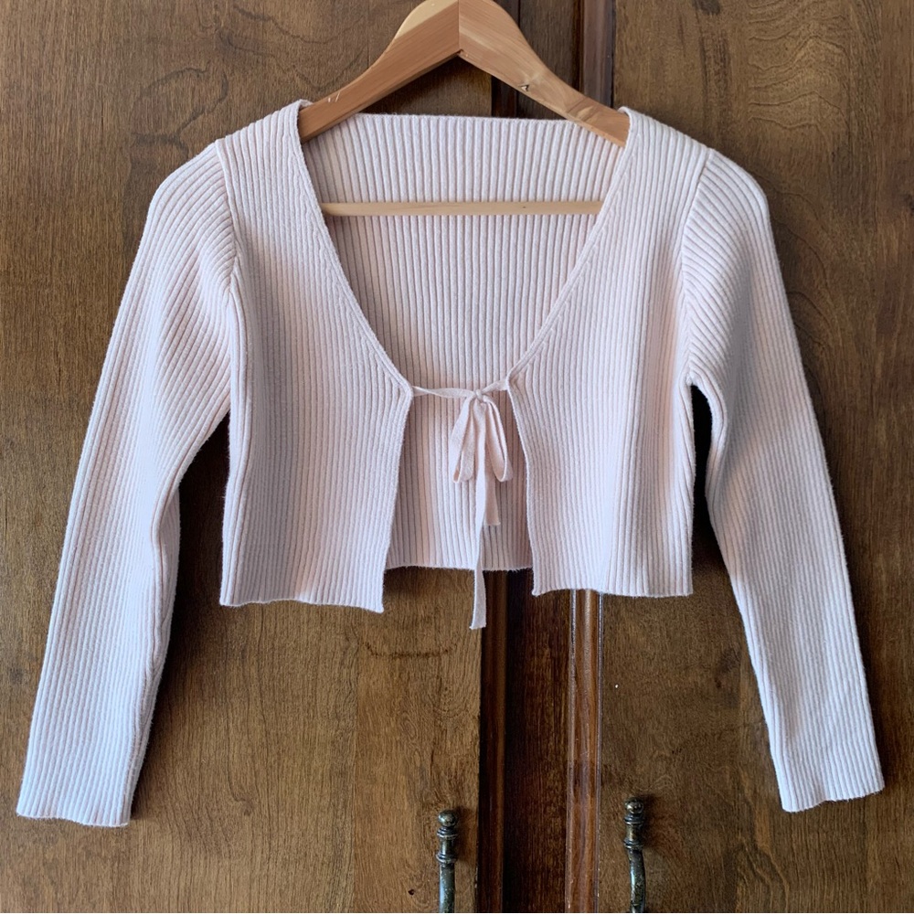 Cream Cropped Ribbed Tie-Front Cardigan